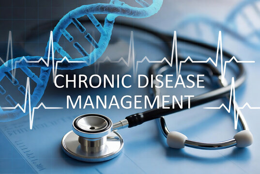 It depicts chronic disease management, featuring a DNA strand, heartbeat monitor, and stethoscope overlaid on medical charts.