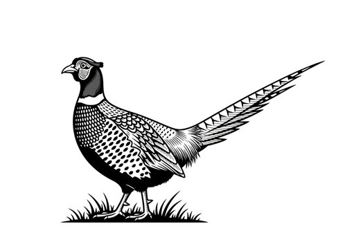 Pheasant Woodcut Style Vector Illustration - Vintage Engraved Game Bird Design for Hunting and Nature Projects