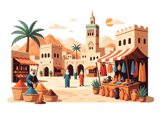 Traditional Middle Eastern Marketplace Illustration with Spice Stalls, Pottery, and Mosque in a Desert Town Setting