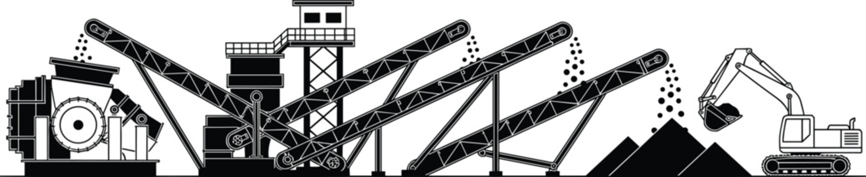 Stone crushing plant with conveyor belts and excavator loading materials, mining and construction machinery, black and white vector illustration, industrial processing equipment concept