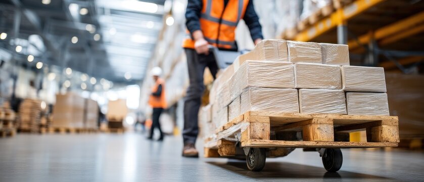 Worker in safety vest moves hand truck loaded with boxes in warehouse during busy shift captured with a 200mm lens