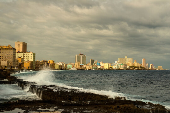 Cuba, Havana.  View of the skyline of the Vedado district from the seafront Avenida de Maceo.  