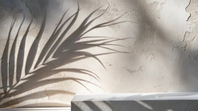 A simple shadow of a palm leaf on a concrete wall, great for minimalist designs and backgrounds