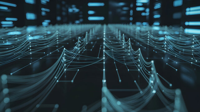 Connected network of glowing digital nodes forming a futuristic data grid with bokeh background