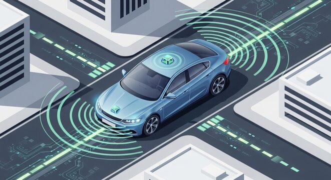 Autonomous car navigating city streets using radar and sensor technology for safe and efficient urban travel with digital overlay.