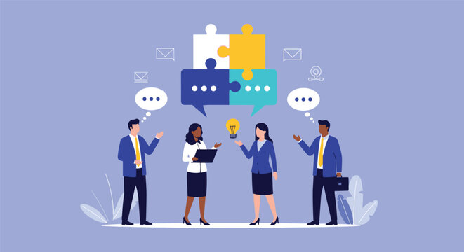 Team of professionals works together to solve a puzzle made of speech bubbles around a central idea lightbulb.