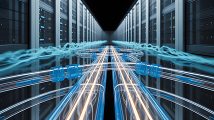 Naklejka premium Data streams flowing through illuminated server racks with glowing conduits