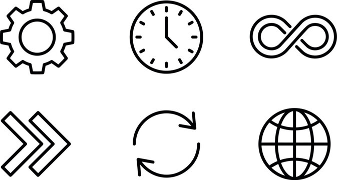 Black and white line art icons gear clock infinity arrows globe vector set
