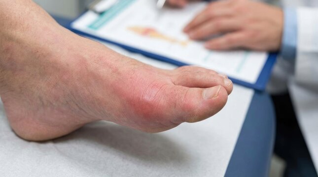 Foot joint inflammation: podagra flare, digit pain, crystal deposit, doctor visit, patient care, health concern, disease management, uric acid, swelling problem.