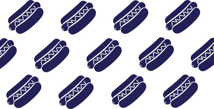 A seamless pattern featuring dark blue hot dog icons with detailed zigzag mustard lines