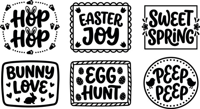 Black and white calligraphic easter joyful phrases with bunny and chick motifs