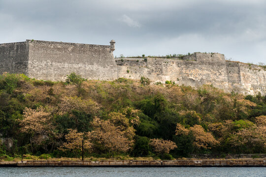 Cuba, Havana.  The outer wall of the Castillo del Morro, fortress built to defend the harbour.