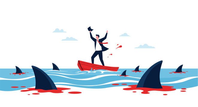 Courageous businessman standing on a small red boat in a sea full of dangerous sharks and blood representing intense market competition.