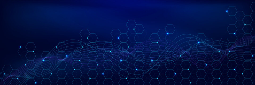 Futuristic hexagon pattern with glowing nodes and wave flow banner background. Modern network connection technology, science and medical. Design for web, presentation, poster template.