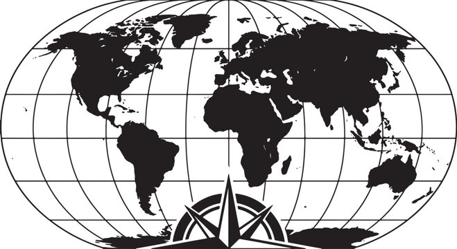 World map globe with compass rose and latitude longitude lines Vector Illustration on transparent background.