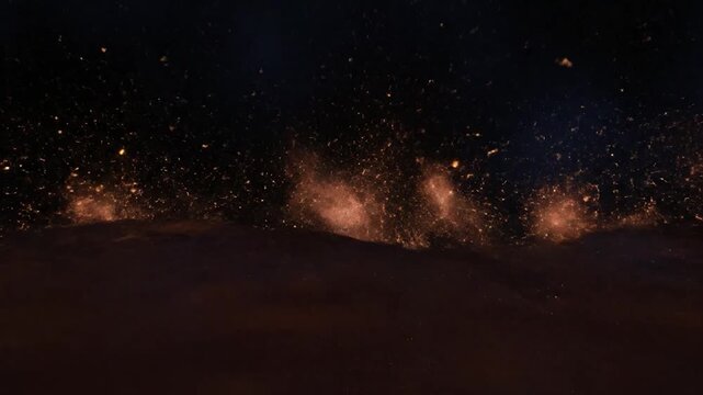 Abstract flowing lava river with glowing blue and orange light at night.