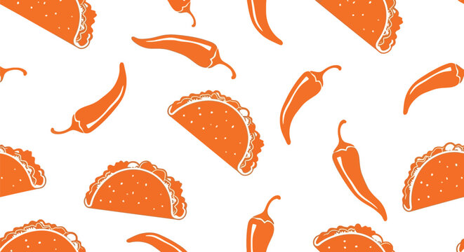 Seamless pattern of hand drawn orange tacos and spicy chili peppers in a minimalist sketch style