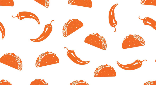 Vibrant orange hand-drawn tacos and spicy chili peppers arranged in a seamless repeating pattern.