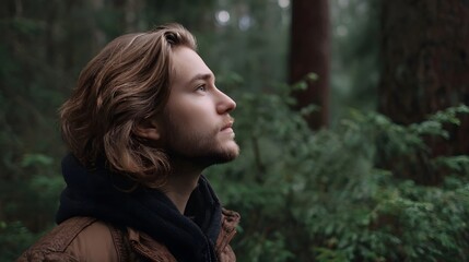 Naklejka premium A contemplative profile portrait of a man standing in a lush quiet forest setting amidst the surrounding greenery
