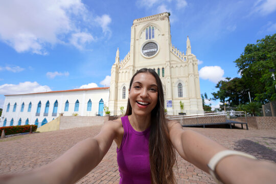 Self portrait of young woman visiting Nossa Senhora do Bom Despacho church in Cuiaba, Mato Grosso, Brazil