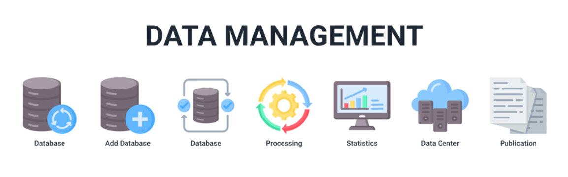 Data Management web banner icon vector illustration with icons of Database, Add Database, Database, Processing, Statistics, Data Center and Publication