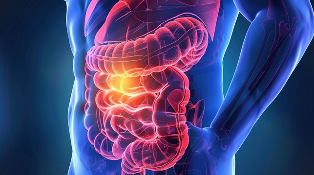 Crohn&rsquo;s Disease Medical Illustration, Chronic Inflammatory Bowel Disease Affecting Digestive Tract with Thickened Bowel Wall, Ulcers and Abdominal Discomfort, Detailed Gastrointestinal Visual