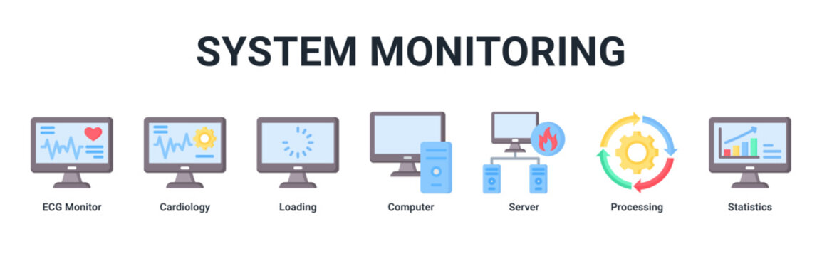 System Monitoring web banner icon vector illustration with icons of ECG Monitor, Cardiology, Loading, Computer, Server, Processing and Statistics