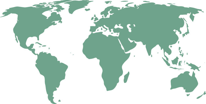 Muted green world map silhouette isolated on white background, global continents illustration for travel, geography, environment, and modern design concept