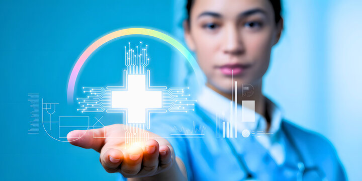 Female healthcare professional projecting a futuristic digital medical cross interface, embodying innovative technology and advanced data visualization in modern medicine