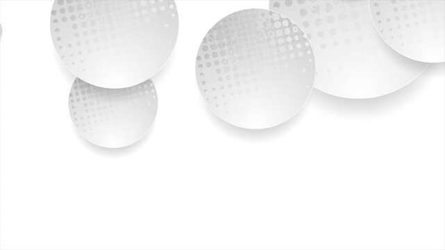 Abstract white background with moving 3D paper geometric circles and halftone texture. Minimalist grunge motion design. Video animation Ultra HD 4K 3840x2160