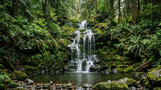 Lush Green Forest Waterfall Scenic Nature Landscape Fresh Tropical Jungle Stream Background