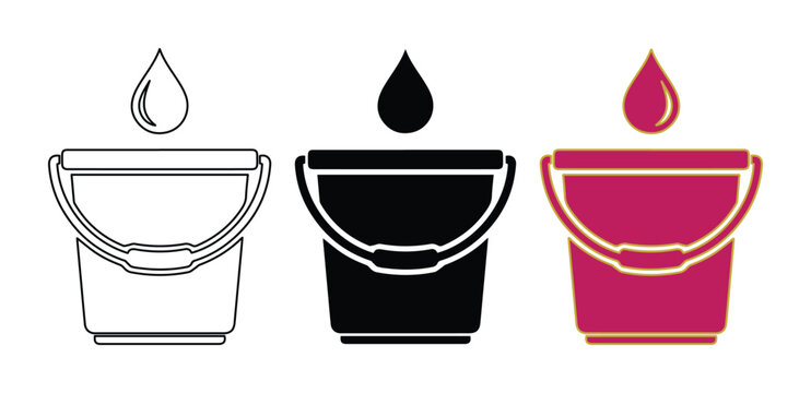 Bucket icon set with water drop, cleaning pail symbols, 3 vector bucket illustrations for housework