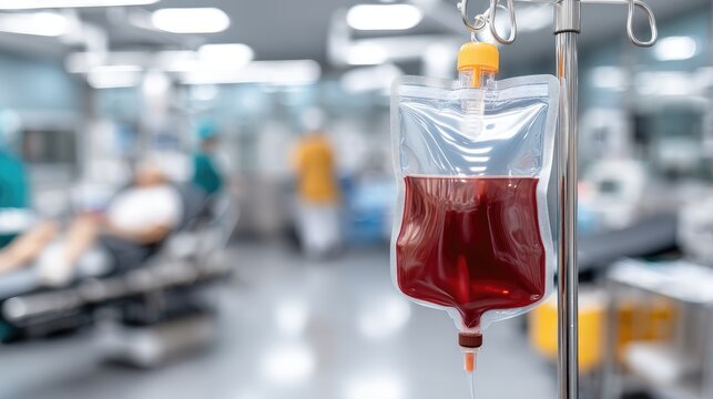 Red liquid in IV bag hangs on stand in operating room as doctor works with patient in blurred background during medical procedure