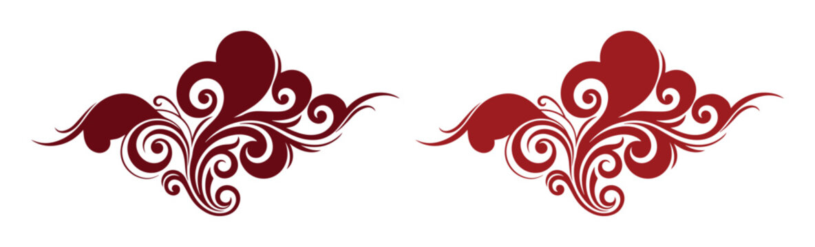 Vintage floral swirl ornaments, red damask filigree elements, elegant baroque vector scrolls