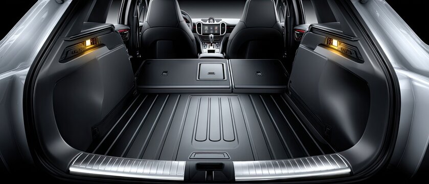Empty trunk space of modern SUV with rubber mat designed for storage and travel, highlighting clean lines and efficient use of space