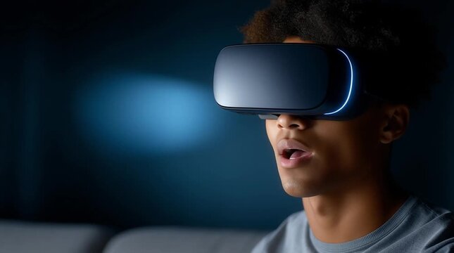 Close up portrait of african man using virtual reality headset experiencing immersive digital world in futuristic technology environment