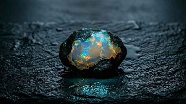 Closeup of raw iridescent opal gemstone embedded in wet dark rock on stone background for geology concept