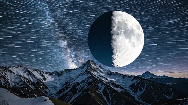 Moonrise Over Snow Covered Mountains Timelapse, Star Trails Streaking Across Night Sky, Massive Moon Rising Behind Jagged Peak, Fast Moving Clouds And Faint Galaxy Band, Cold Alpine Ridge And Crisp.
