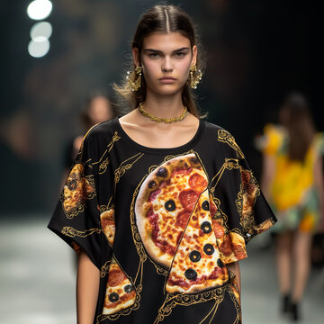 Fashion Model in Baroque Print Outfit, Runway Editorial Fashion