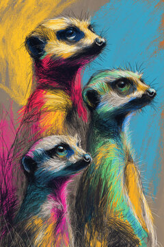 an expressionist-coloured drawing of meercats in a southern African wilderness setting