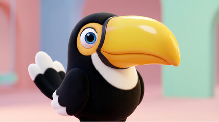 Cute 3D cartoon hornbill bird with large yellow beak, colorful and friendly character design. © Mukhlis
