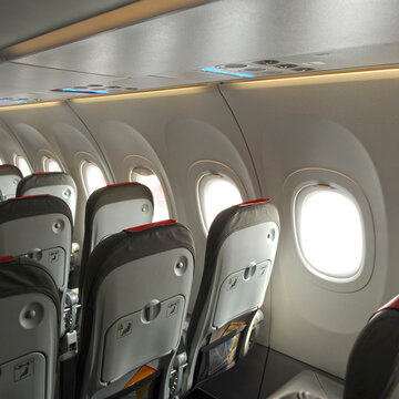 Passenger seats inside the economy class cabin of an Airbus A320neo aircraft ready to fly