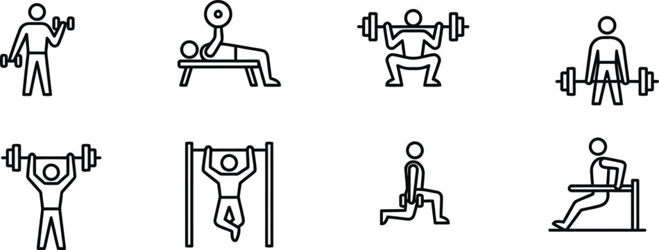 Fitness and bodybuilding gym workout icon set. Bodyweight exercise line art illustrations.