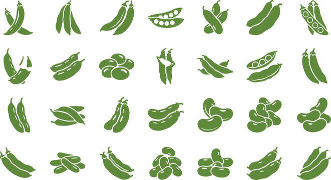 Green pea and bean pods icons set organic legume silhouettes collection isolated vector illustration
