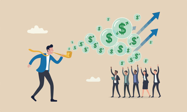Stock meeting overvalued company concept, greedy businessman investor blowing bubbles with dollar sign money into the air