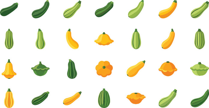Vegetable icons set of squash zucchini marrow and pumpkin flat vector illustration on white backdrop