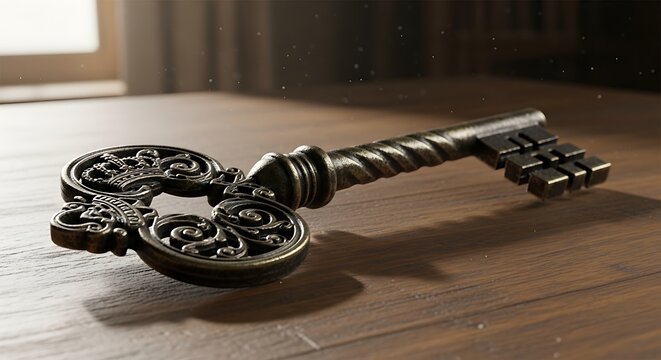 An intricate antique metal skeleton key resting on a wooden surface.
