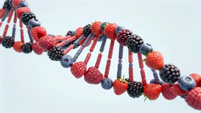 Berry DNA Helix Made With Strawberries Floating Against Pale Background, Blueberries And Blackberries Forming Rungs, Photorealistic D Render With Bright Studio Lighting, Playful Scientific Mood, Food.