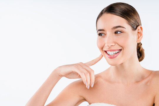 Young beautiful woman with healthy skin and bright white smile isolated on white background, dental care, oral hygiene, cosmetology, beauty portrait, skincare spa and wellness concept