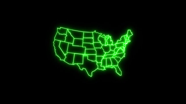 Neon map of the United States represents nation and freedom. Digital design reflects connection and technology. Glowing map of the united states of america with state borders illuminated.